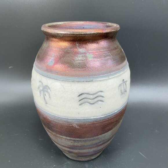 SuperValu 2006 Hand Made Raku Pottery Vase Vessel Iridescent Glaze Signed VTG - Picture 16 of 16